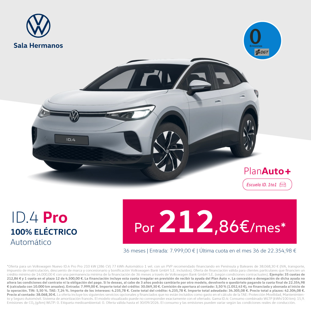 ¡Etiqueta 0! Volkswagen ID.4 Pro Pro 286 CV por 212 €/mes