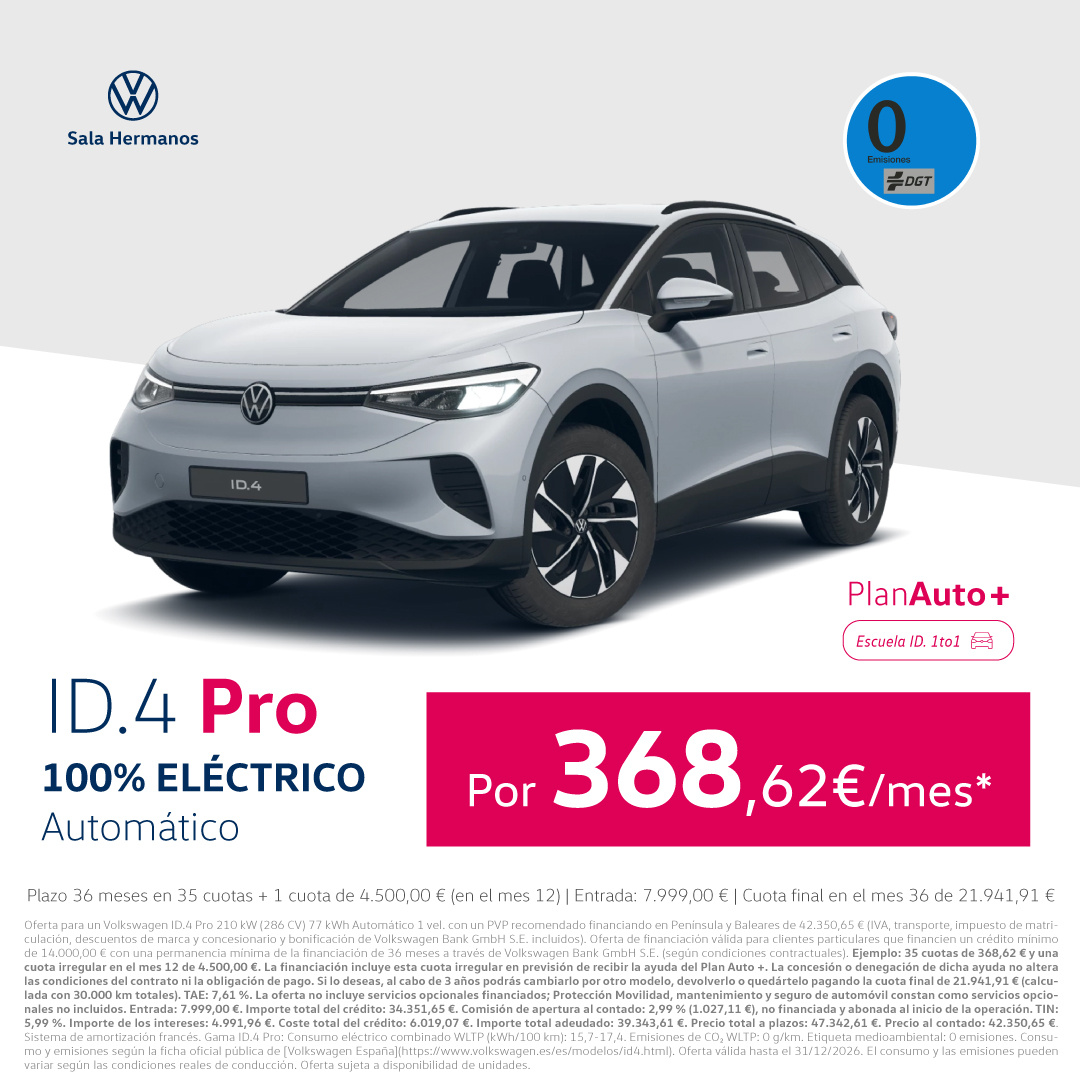 ¡Etiqueta 0! Volkswagen ID.4 Pro Pro 286 CV por 368€/mes