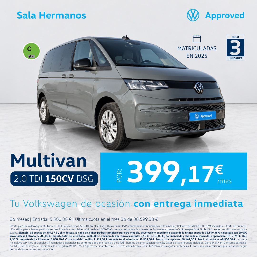 ¡Solo 7 unidades! Volkswagen Multivan 150 CV DSG por 399,17€/mes