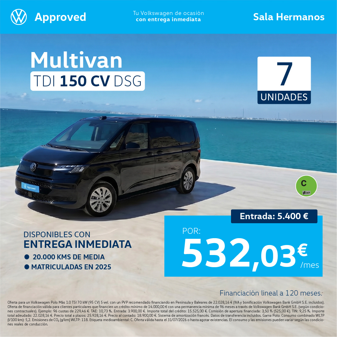 ¡Solo 7 unidades! Volkswagen Multivan 150 CV DSG por 532,03 €/mes