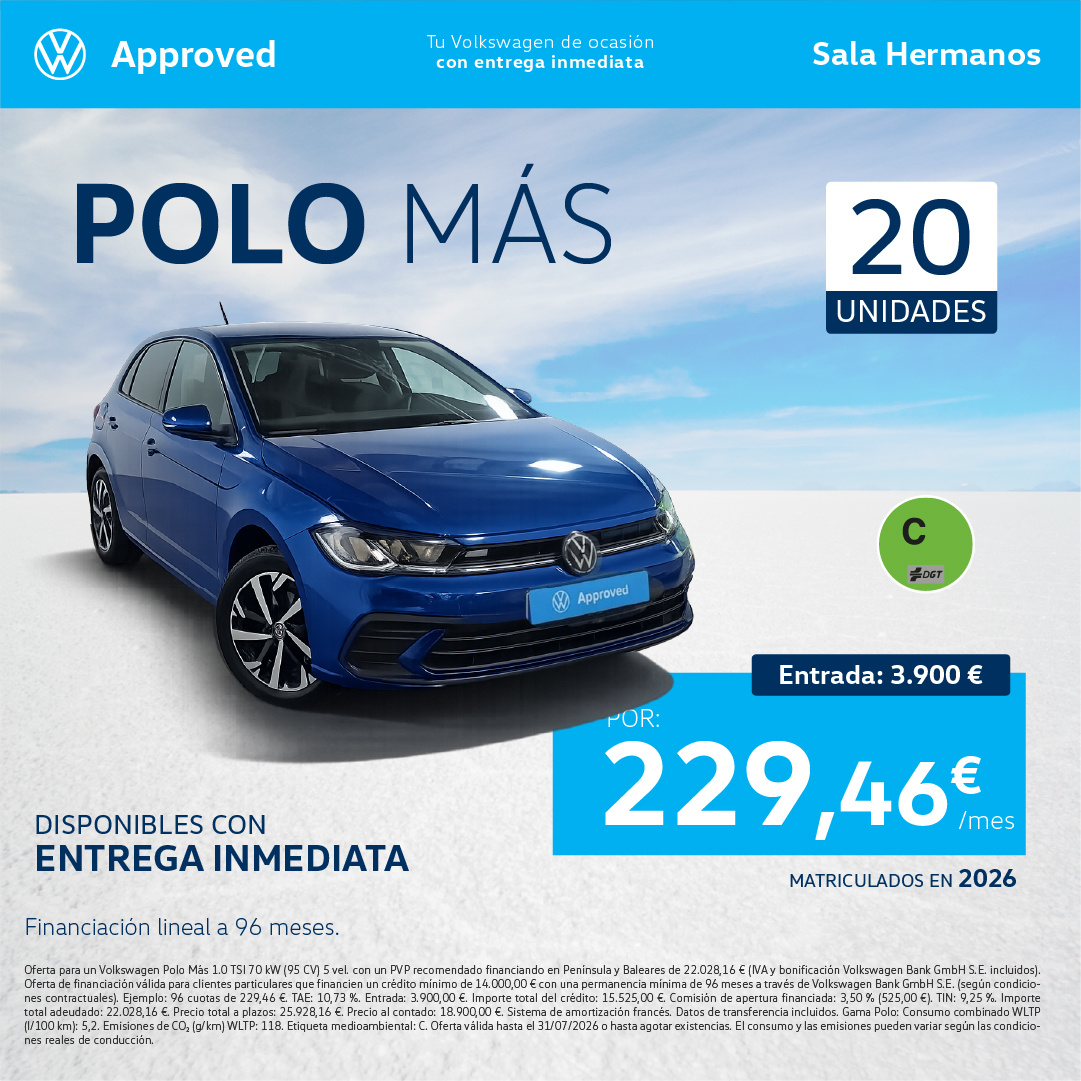 ¡20 unidades! Volkswagen Polo Más Approved por 229,46€/mes