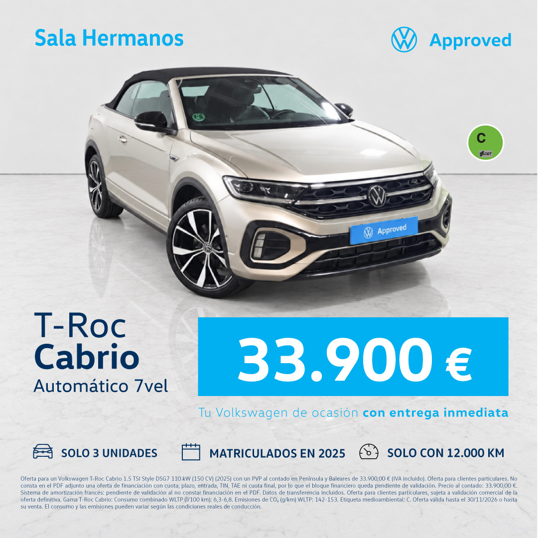 ¡Exclusivo Sala Hermanos! T-Roc Cabrio por 33.900 €