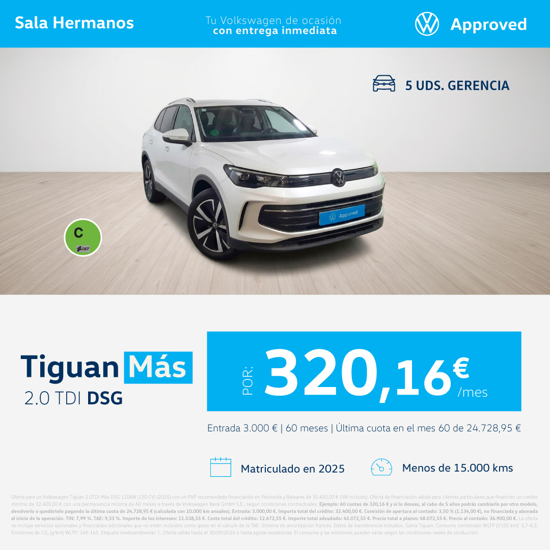 Volkswagen Tiguan Más 2.0 TDI DSG por 320,16 €/mes