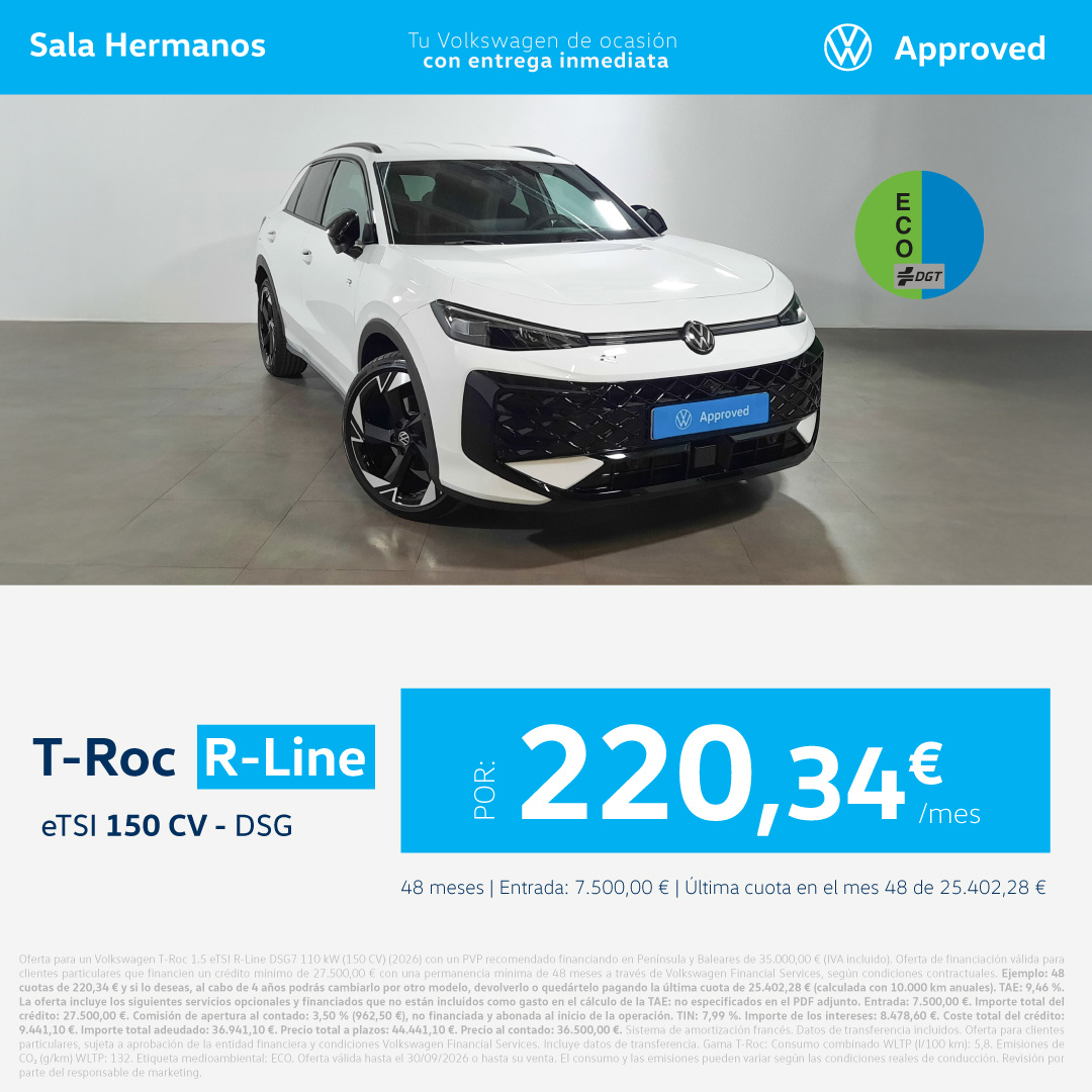 ¡Etiqueta ECO! Volkswagen T-Roc R-Line 150 CV DSG por 220 €/mes