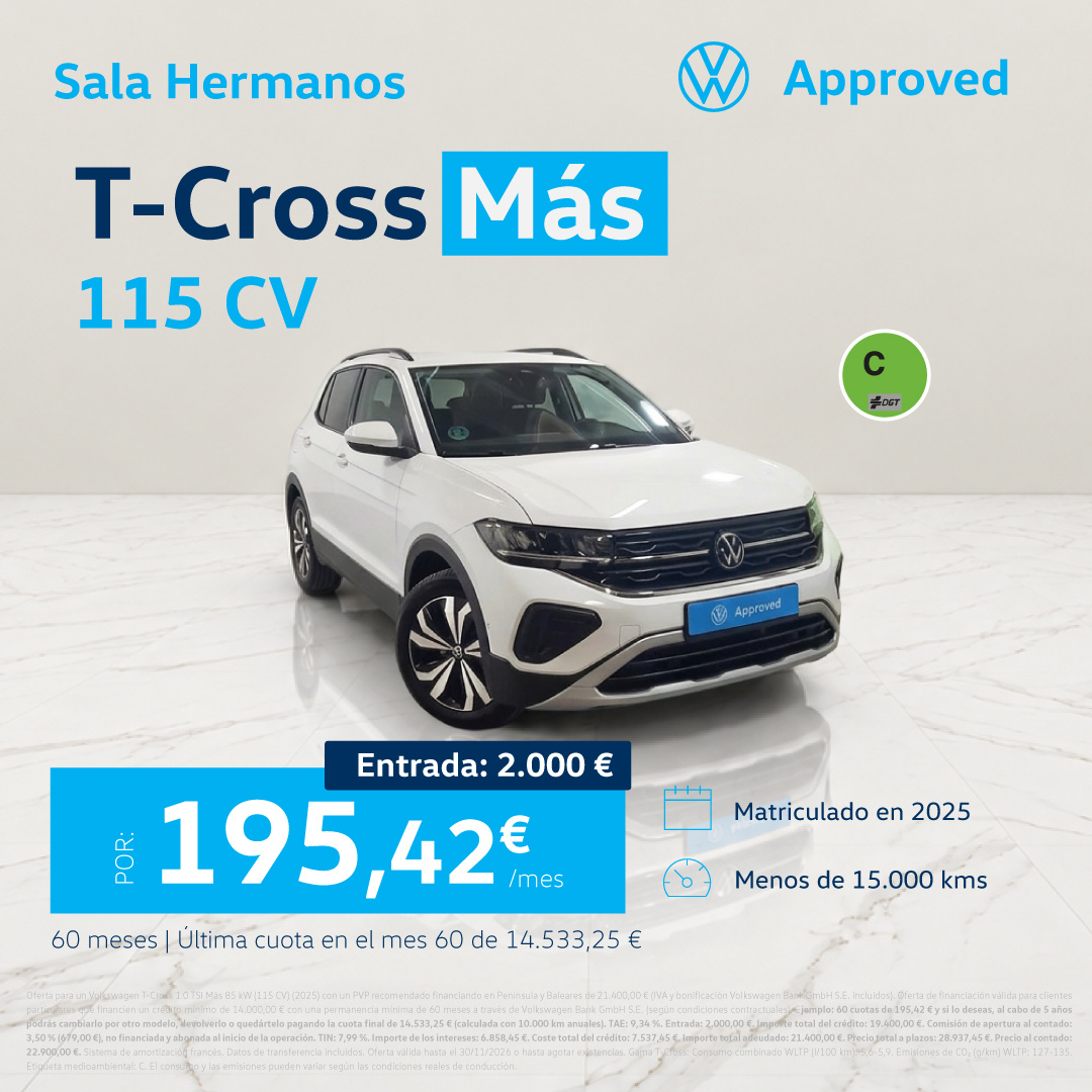 Volkswagen T-Cross Más 115 CV por 195,42 €/mes.