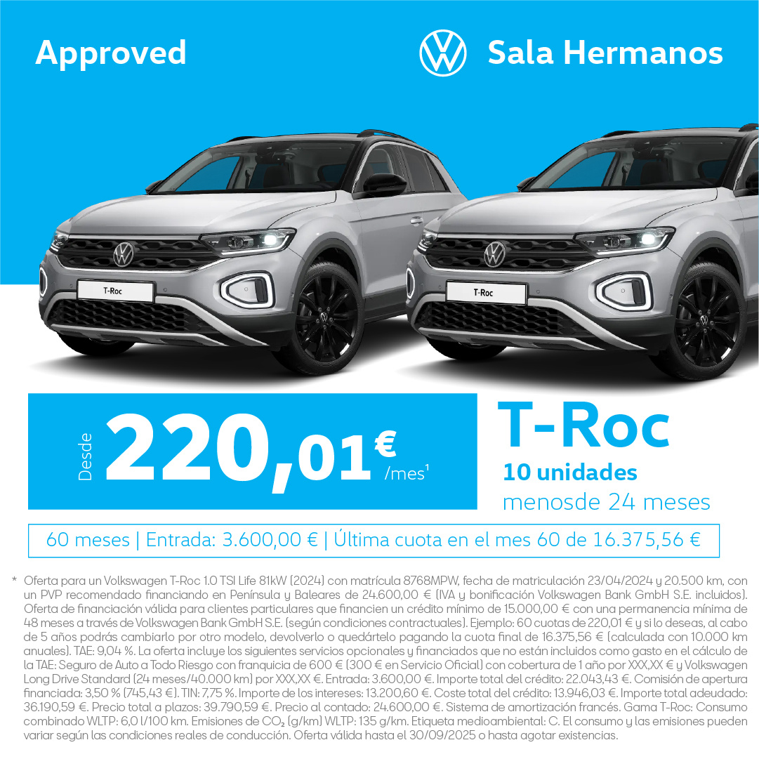 Volkswagen T-Roc por solo 220,01€/mes*