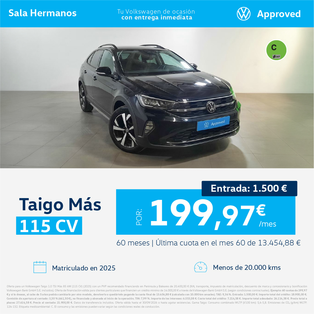 Volkswagen Taigo Más 115 CV por 199,97 €/mes.