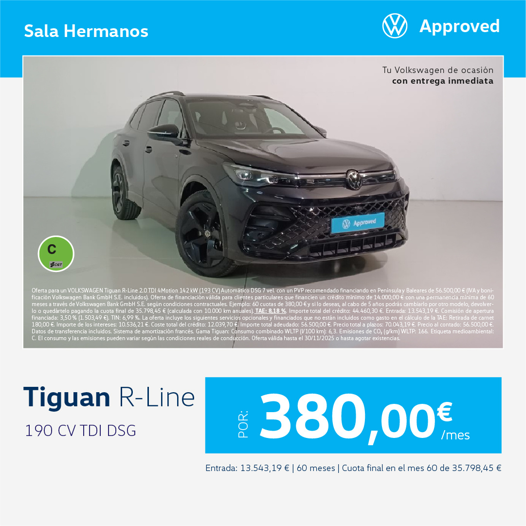 ¡Ocasión! Tiguan R-Line por 380€/mes*