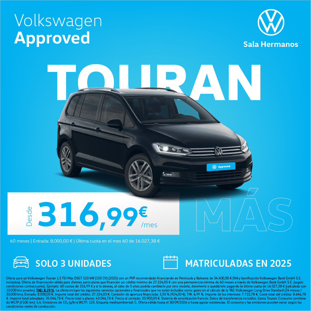 ¡Solo 3 unidades! Volkswagen Touran 150 CV DSG por 316,99 €/mes