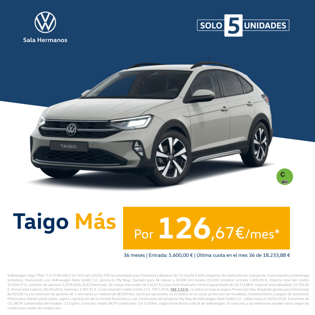 ¡Sólo 5 unidades! Taigo Más por 126€/mes*