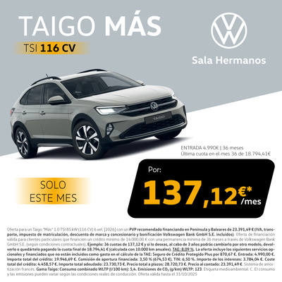 Taigo Mas TSI por solo 137,12€/mes* Taigo Mas TSI por solo 137,12€/mes*